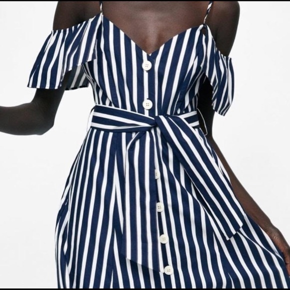 Zara Dresses & Skirts - NWOT Zara Navy Striped Button Front Summer Dress